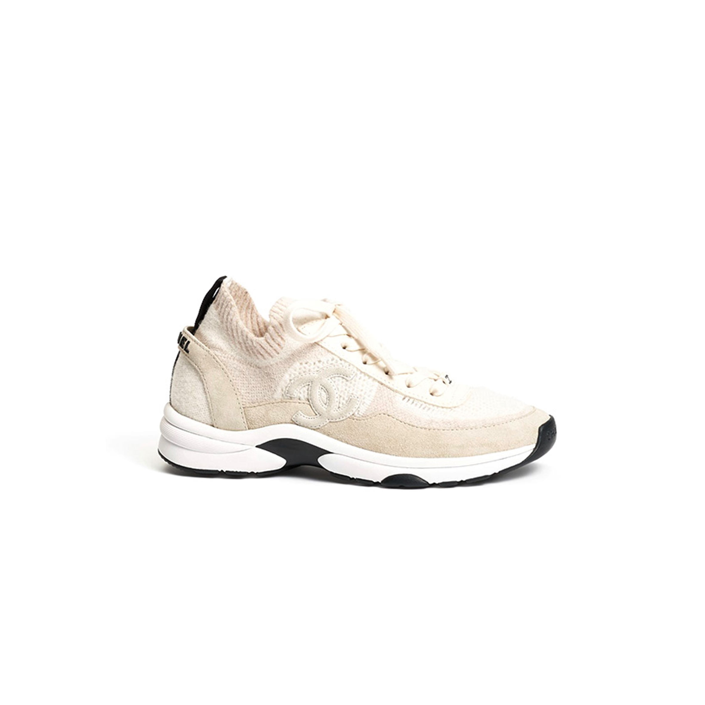 CHANEL WHITE KNIT FABRIC AND SUEDE CC LACE UP SNEAKERS G38750